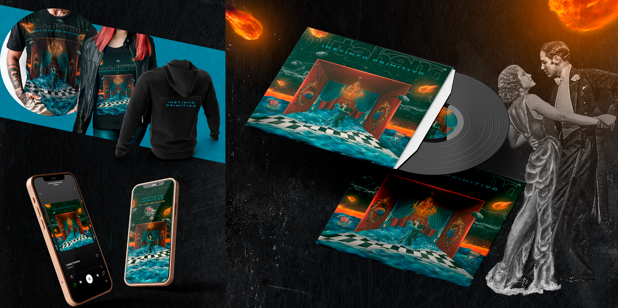 Aplicações da identidade de Instinto Primitivo em camisetas, plataformas digitais e disco