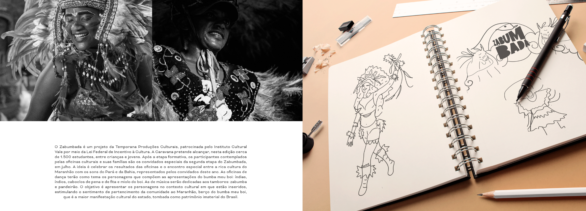 Apresentação inicial do Festival Zabumbada com referências culturais, texto do projeto e desenhos do processo criativo