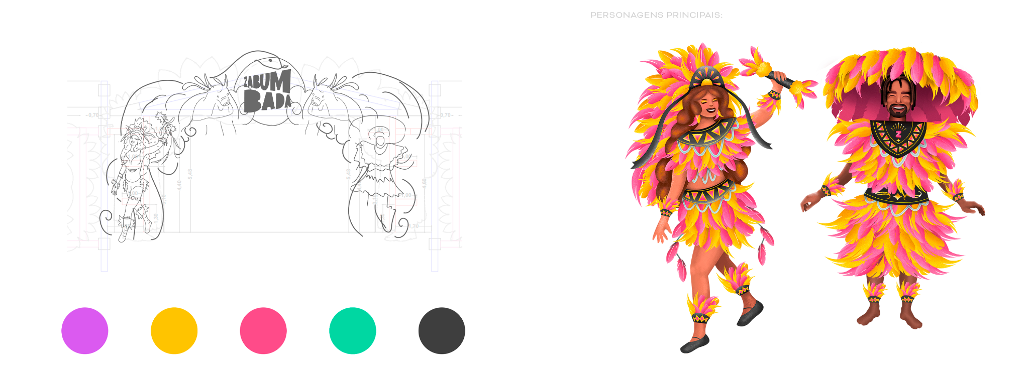 Desenvolvimento visual do Festival Zabumbada com estrutura, paleta de cores e personagens principais